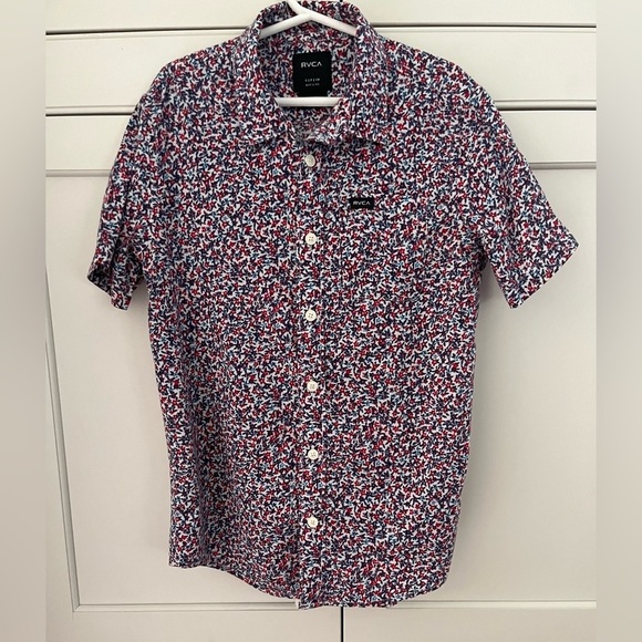 RVCA Button-Down Short-Sleeve Boys Shirt size S floral print blue red white - Picture 1 of 4